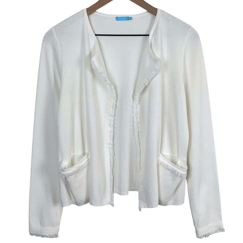 J. McLaughlin White Cotton Fringe Trim Open Front Cardigan Sweater Womens Medium
